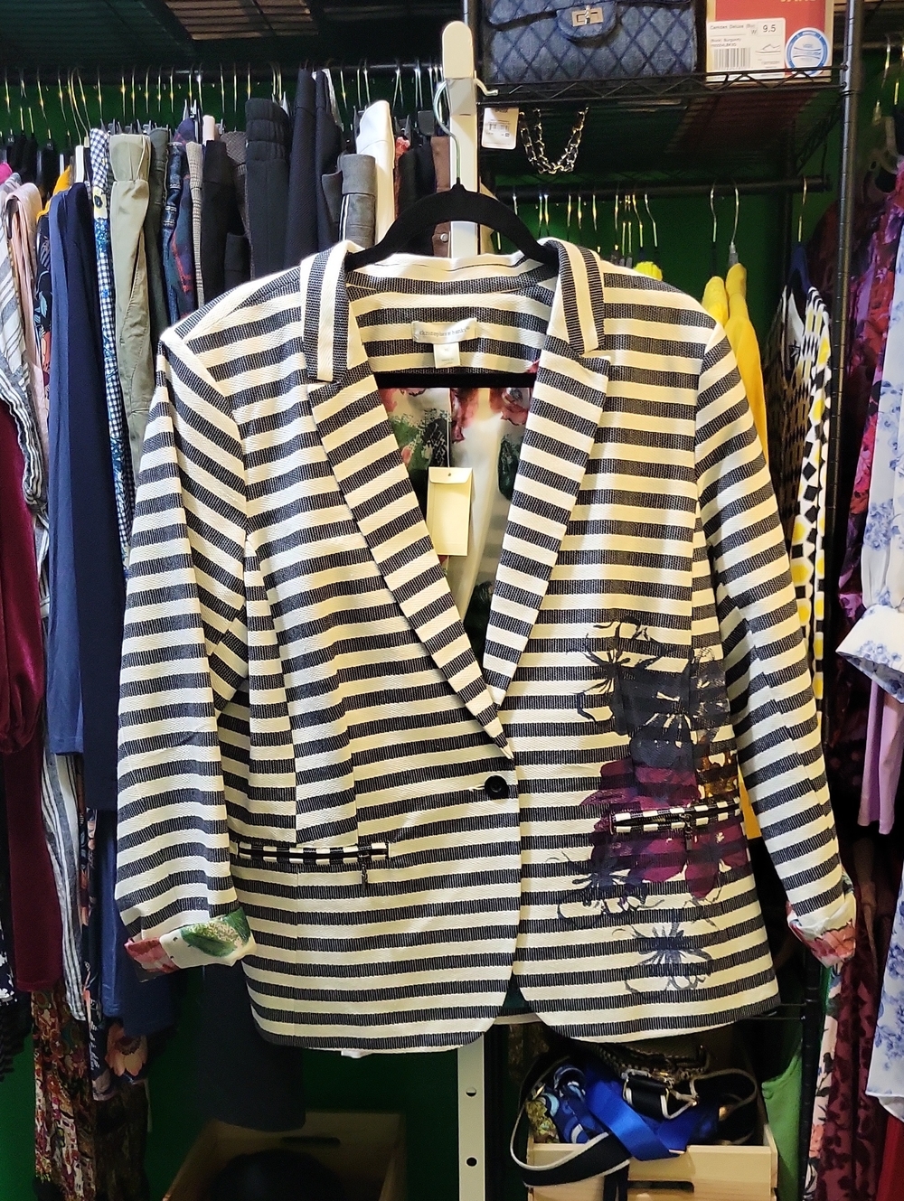 Striped Navy & White Women's Blazer with Floral Accent